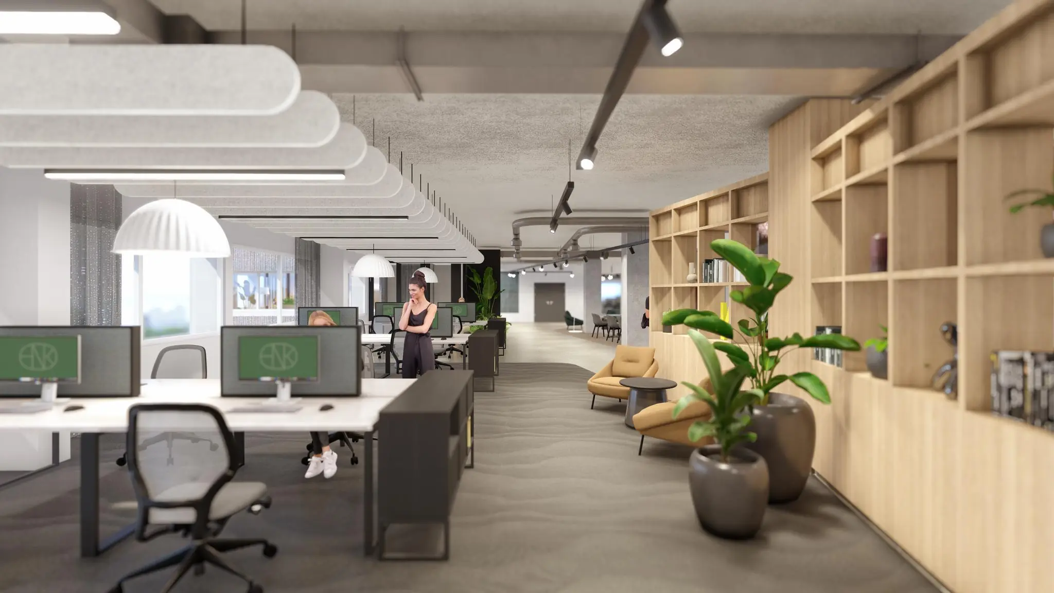 Moderne kantoorruimte aan de Marten Meesweg met open werkplekken, loungehoek en veel natuurlijk licht.